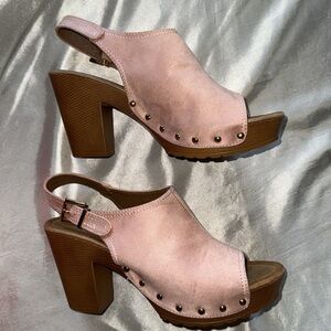 Nature Breeze Pink Chunky Block Heel Mules Stud Details Faux Suede Size 8.5